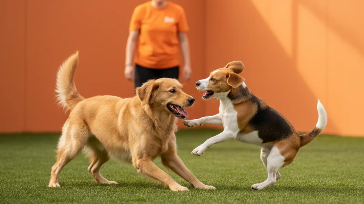 Dois cães brincando de lutinha em gramado, um com reverência de brincadeira