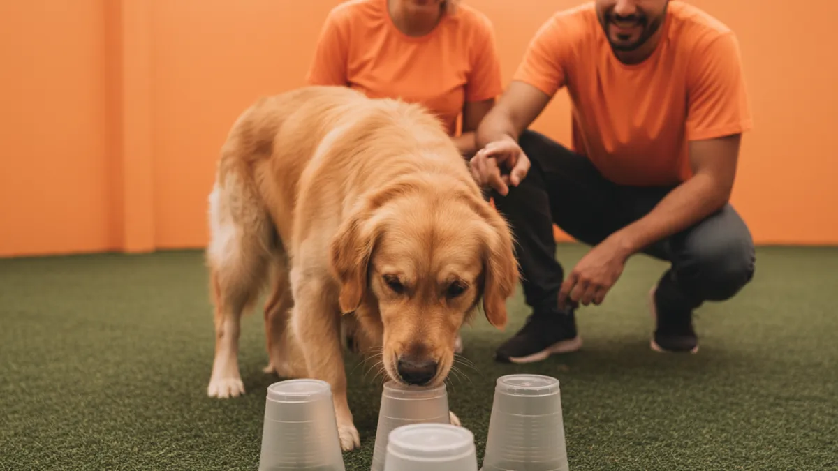 Cachorro procurando petisco escondido sob copos em brincadeira de adivinhação