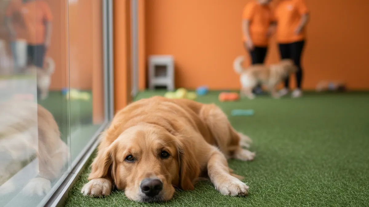 Cachorro entediado deitado olhando pela janela de um apartamento