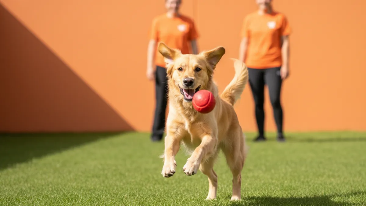 Cachorro hospedado brincando com bolinha em área de recreação