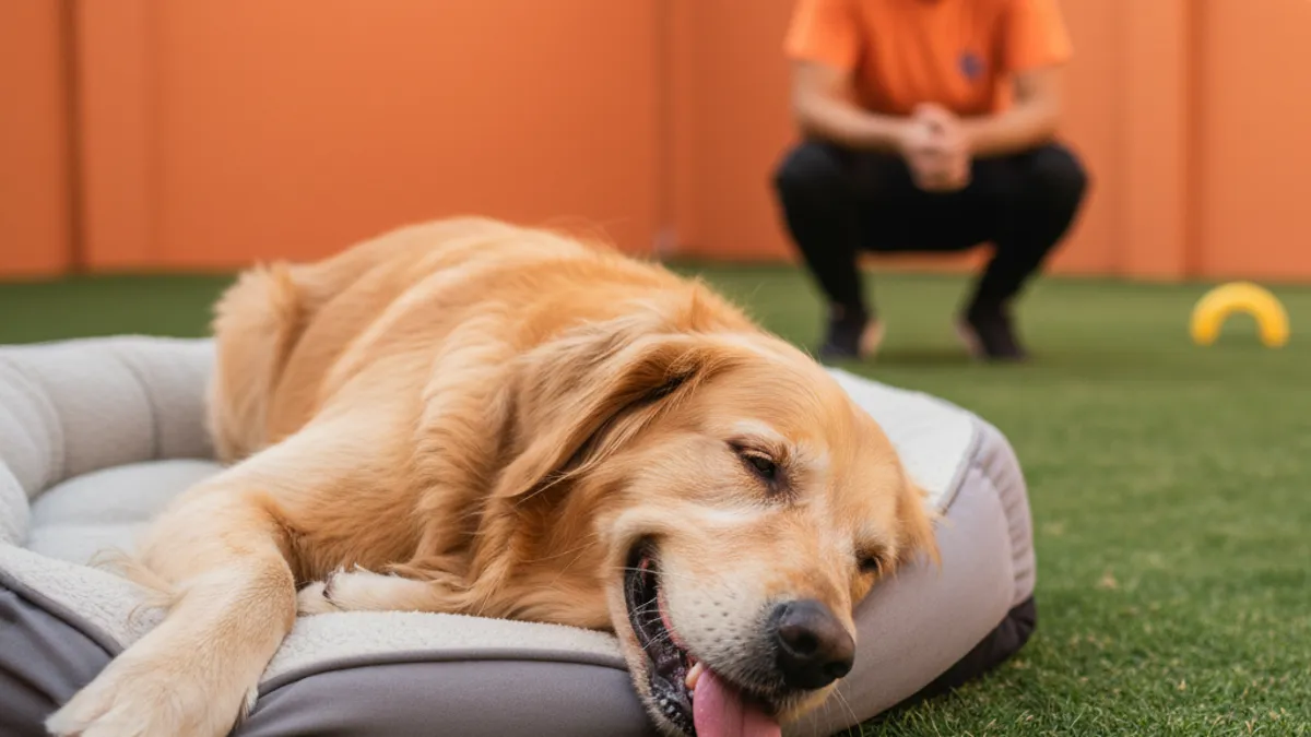 Cachorro feliz e cansado deitado em uma caminha após um dia de atividades
