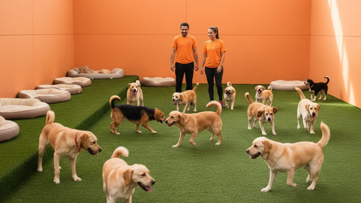 Vista ampla de uma creche para cães organizada, com área de brincadeira e área de descanso
