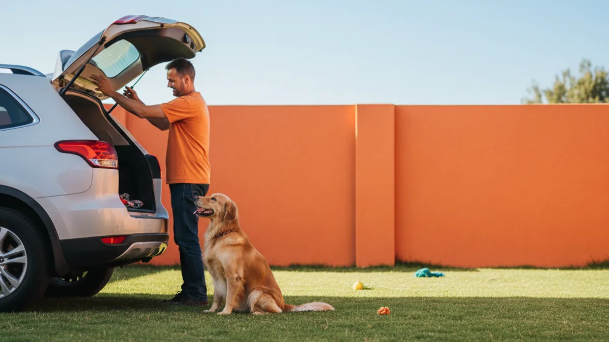 Tutor fechando o porta-malas do carro enquanto o cachorro observa animado