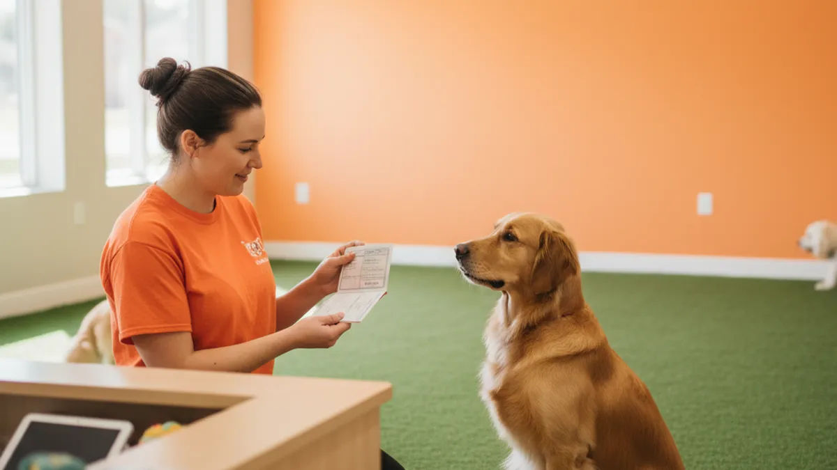 Cuidadora conferindo carteira de vacinação de um cachorro na recepção de um hotelzinho