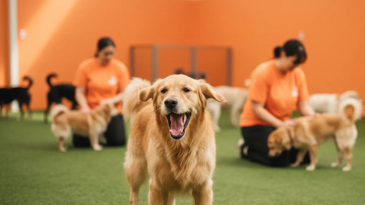 Cachorro bocejando com orelhas para trás em ambiente movimentado