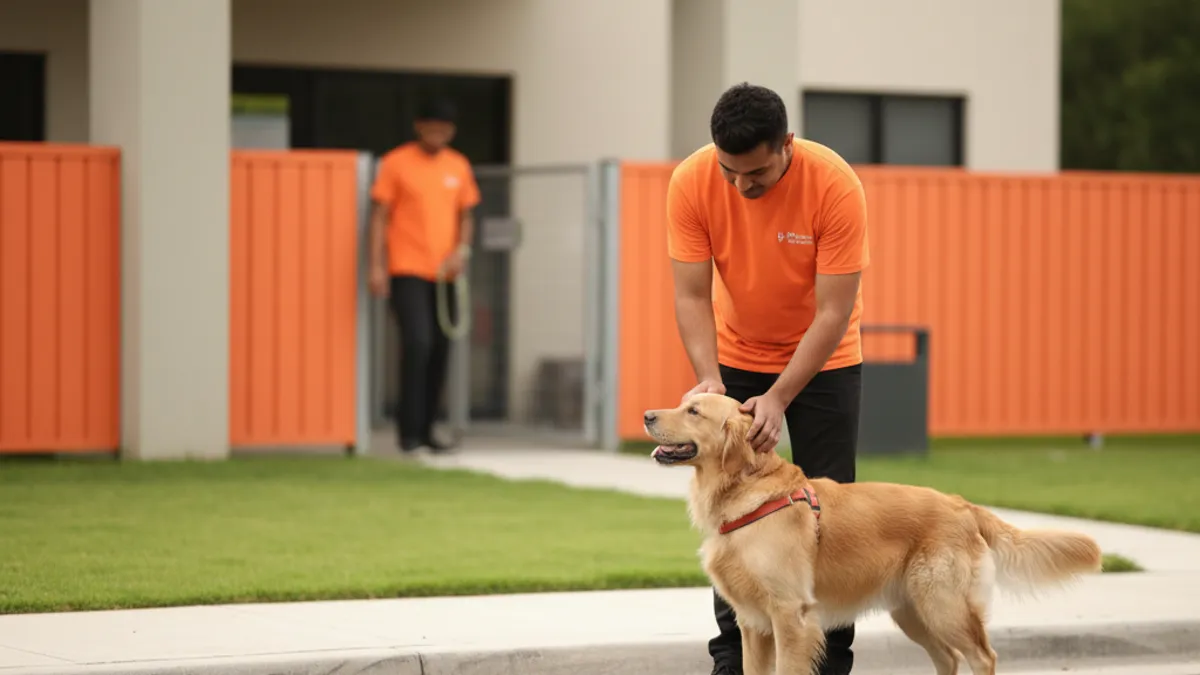 Tutor fazendo carinho em um cachorro na calçada antes de entrar na creche