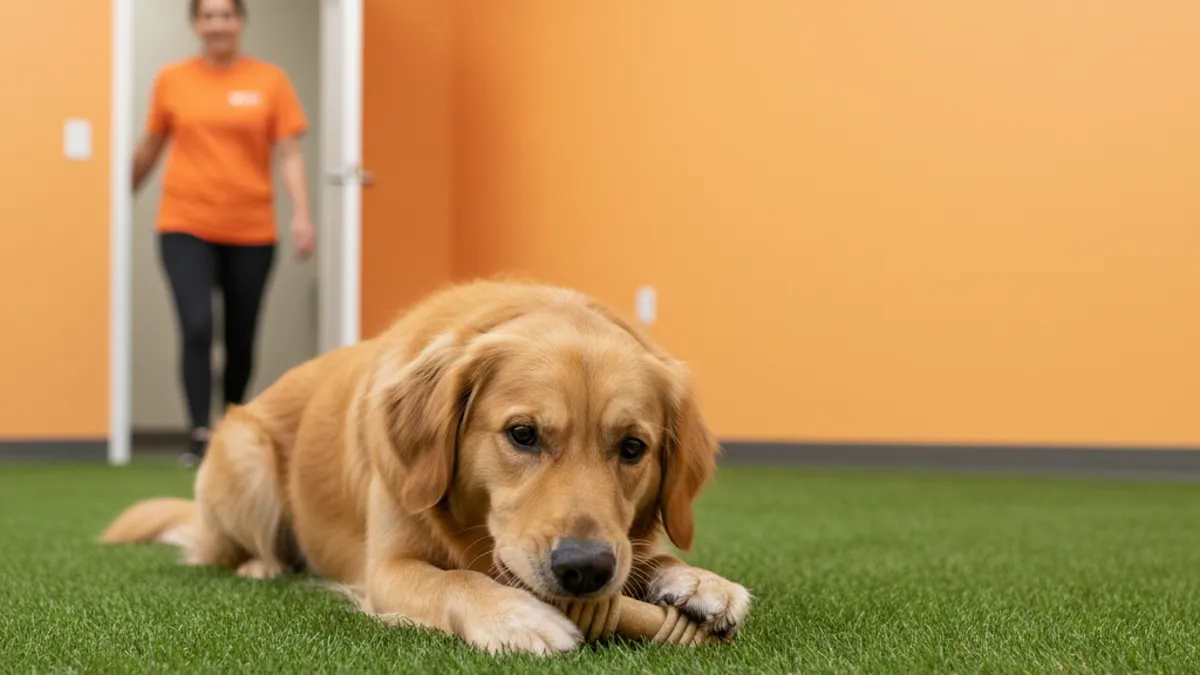 Cachorro tranquilo mastigando brinquedo enquanto o tutor sai de casa