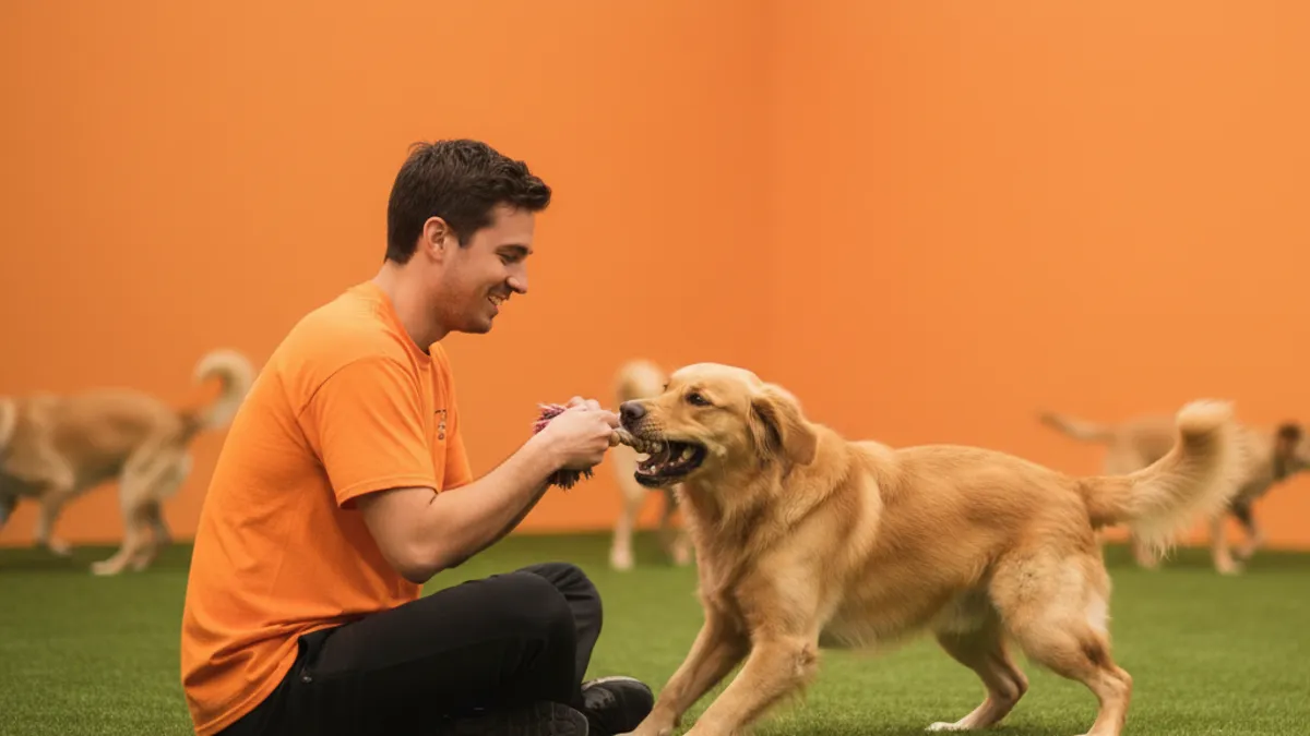 Tutor brincando de cabo de guerra com cachorro na sala