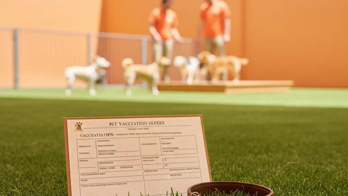 Carteira de vacinação de cachorro aberta ao lado de uma coleira