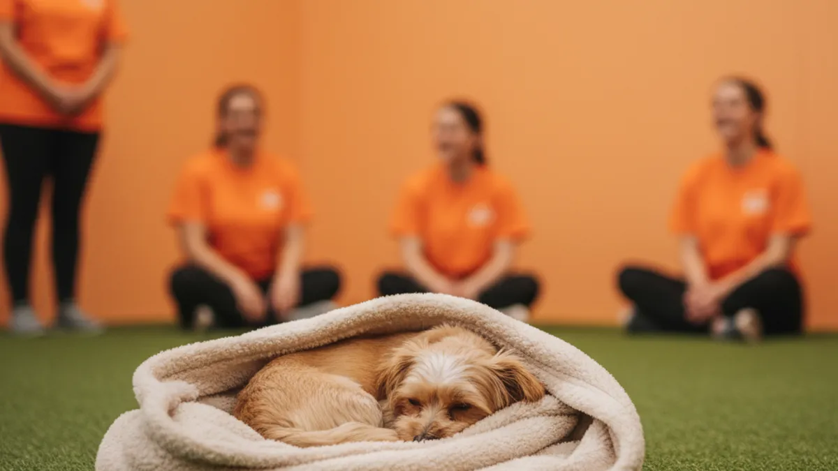 Cão de pequeno porte enrolado em uma cobertinha macia