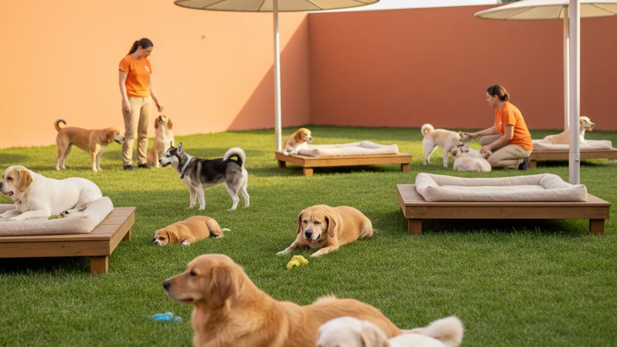 Vista geral de uma creche para cães organizada, com áreas de sombra e descanso