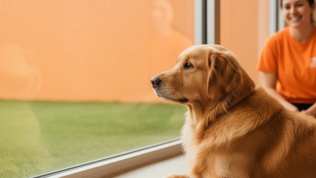 Cachorro olhando a chuva pela janela com um brinquedo ao lado