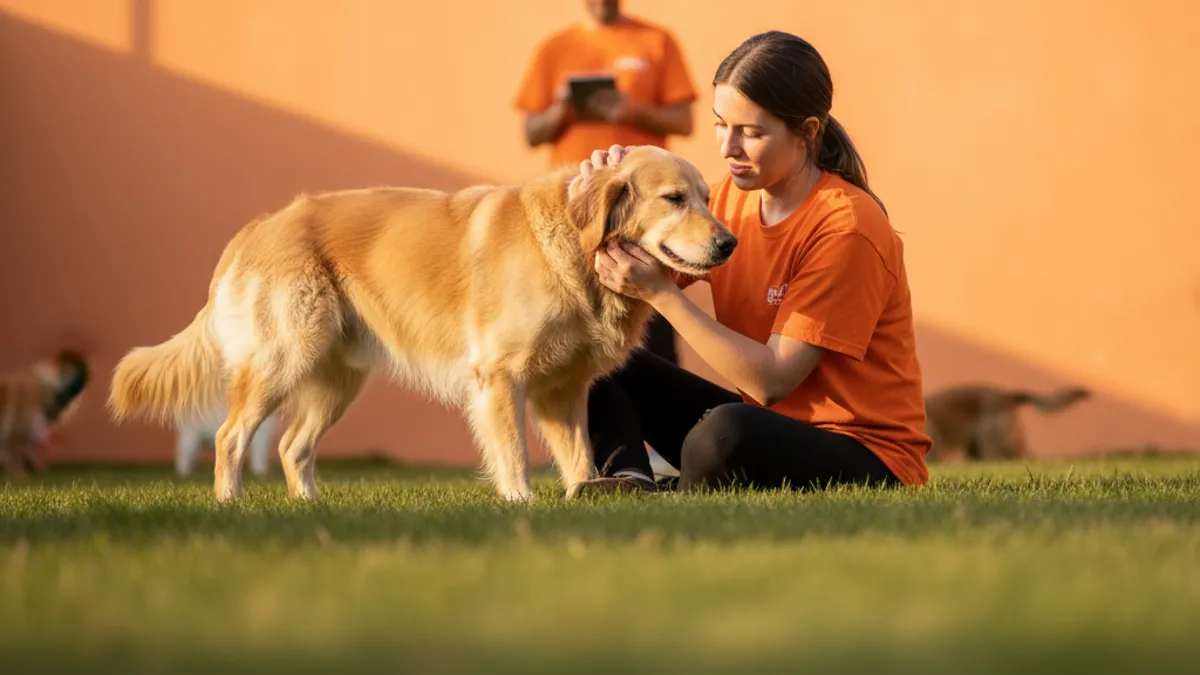 Cachorro recebendo carinho de cuidadora enquanto tutor está viajando
