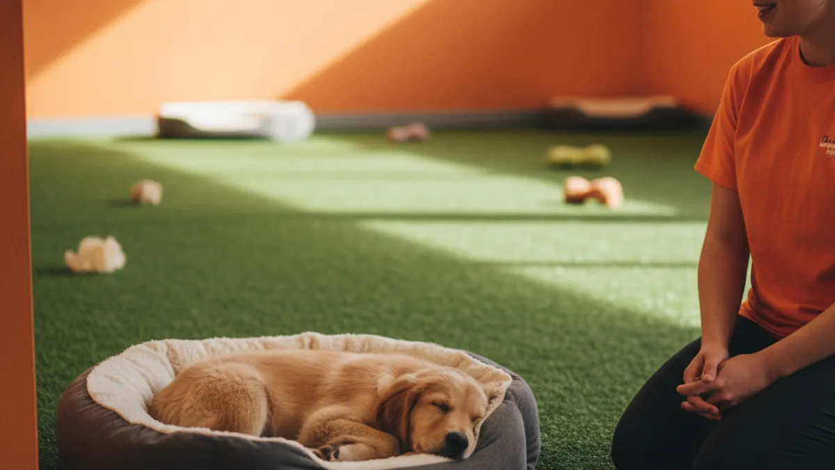 Cachorro dormindo encolhido em uma caminha em ambiente acolhedor e pouco iluminado