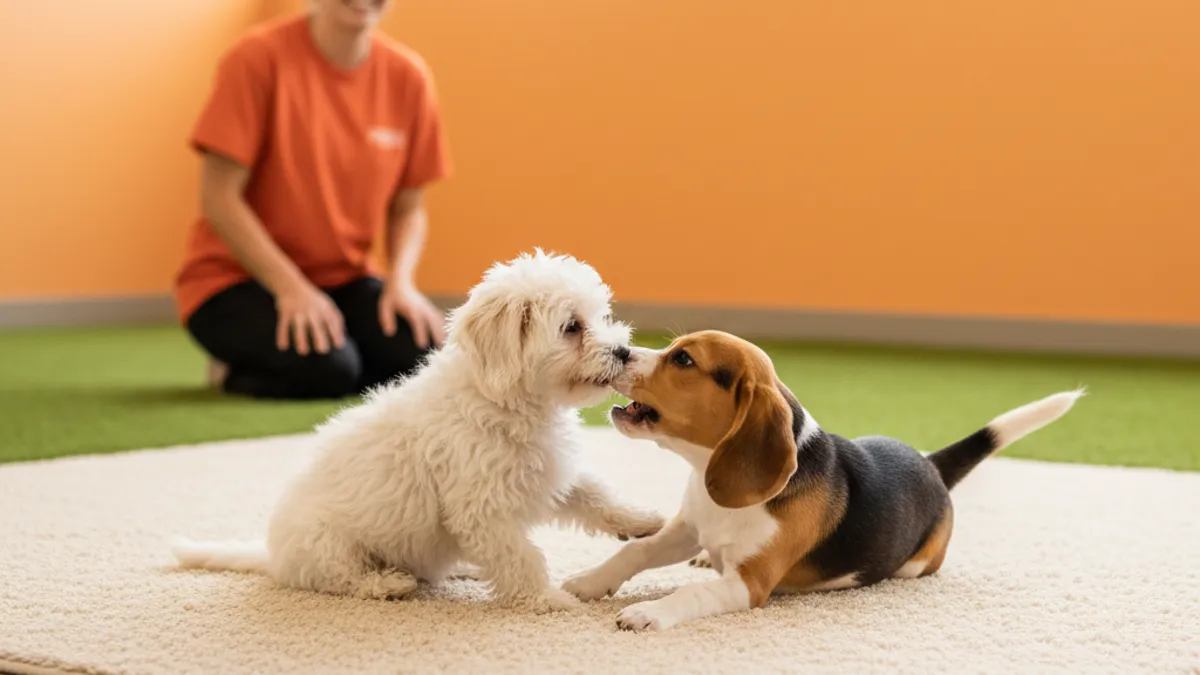 Dois cães de pequeno porte brincando juntos em um tapete macio