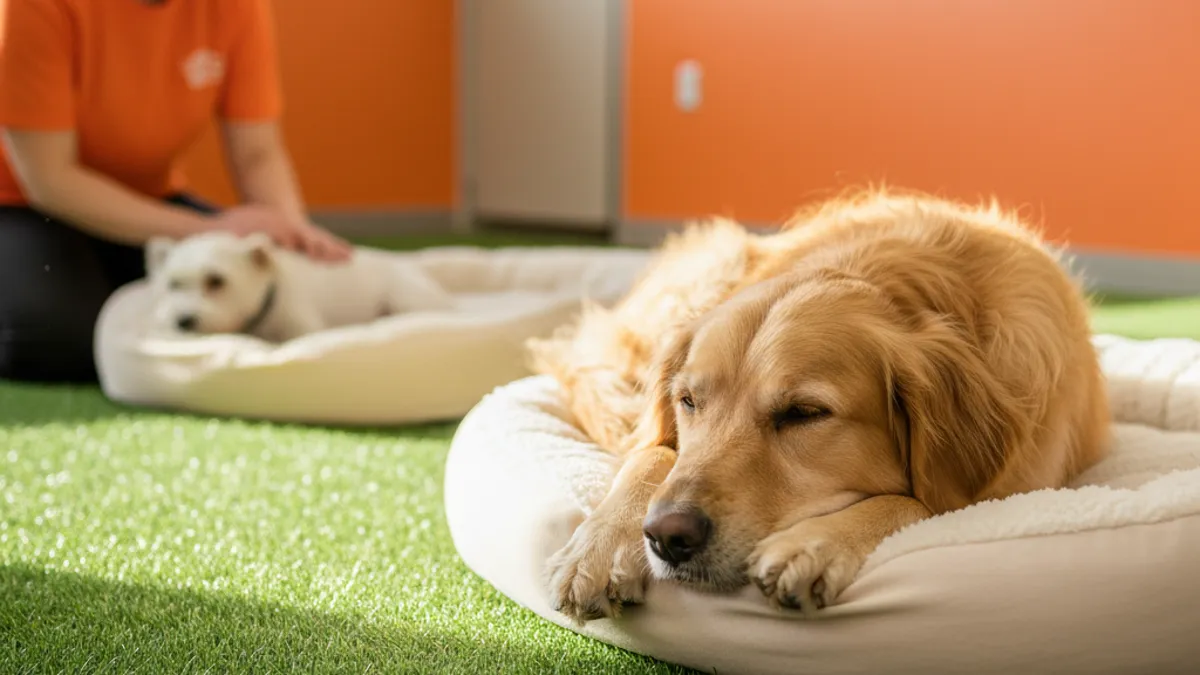 Cachorro ativo descansando em sua caminha após uma sessão de brincadeiras
