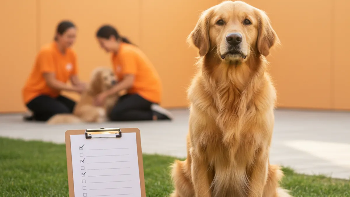 Prancheta com checklist ao lado de um cachorro sentado em uma creche