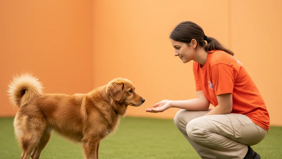 Cachorro tímido se aproximando de uma cuidadora agachada que oferece a mão