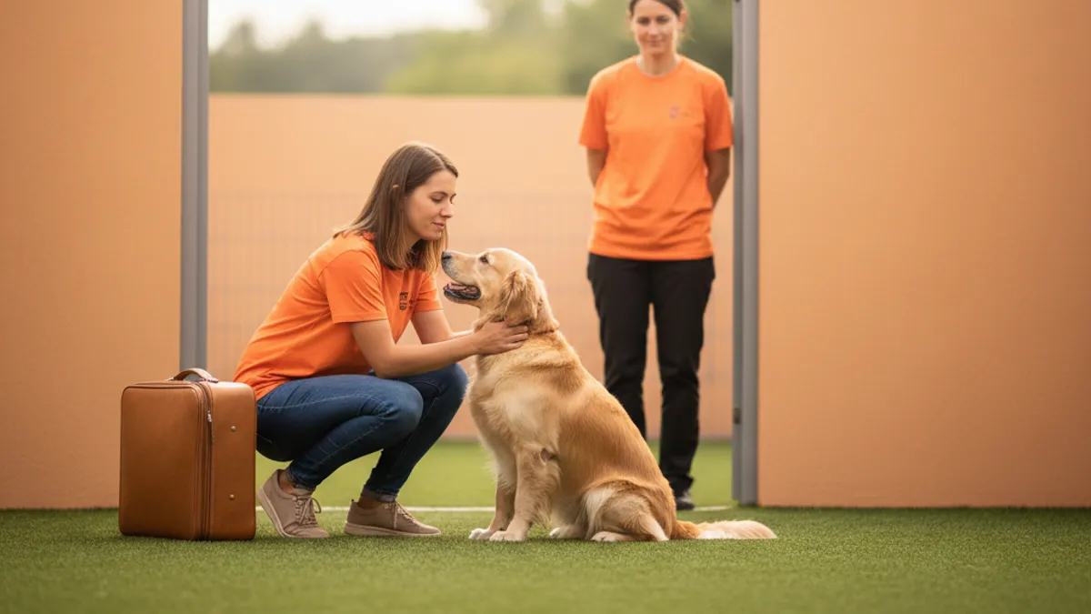 Tutora com mala de viagem se despedindo do cachorro na porta de um hotel para cães