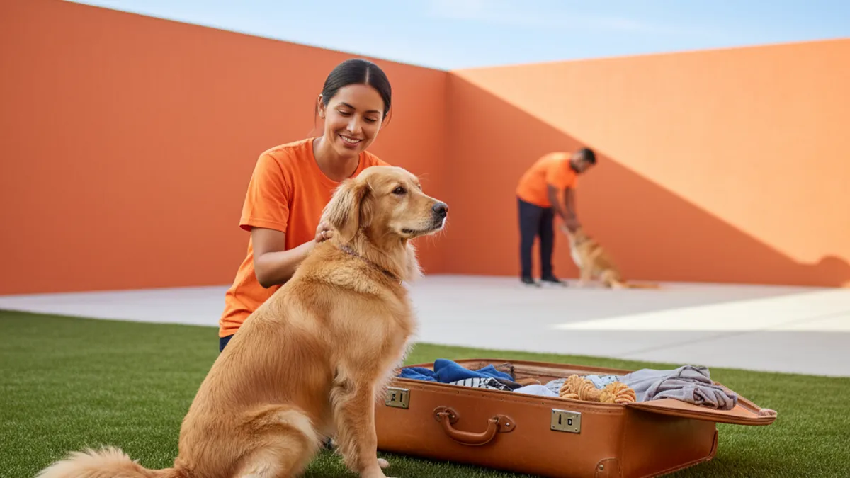Cachorro sentado ao lado de uma mala de viagem