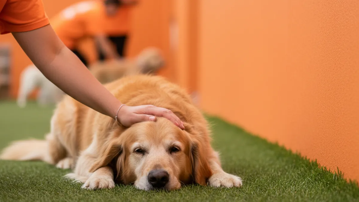 Cachorro idoso de focinho grisalho deitado tranquilo enquanto recebe carinho