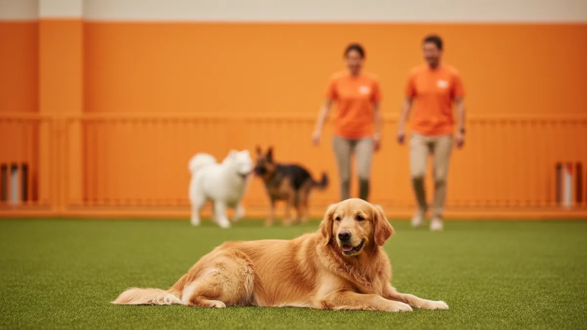 Cão de grande porte deitado em um espaço amplo e arejado de hotel para cães