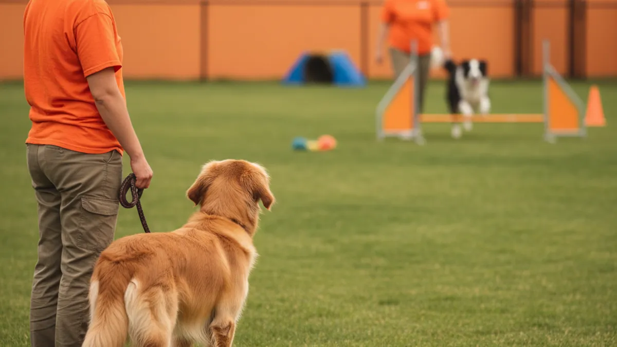 Cachorro com guia observando outro cão à distância durante treino com tutor