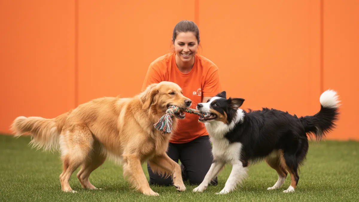 Dois cães brincando com um brinquedo de corda sob supervisão de uma cuidadora