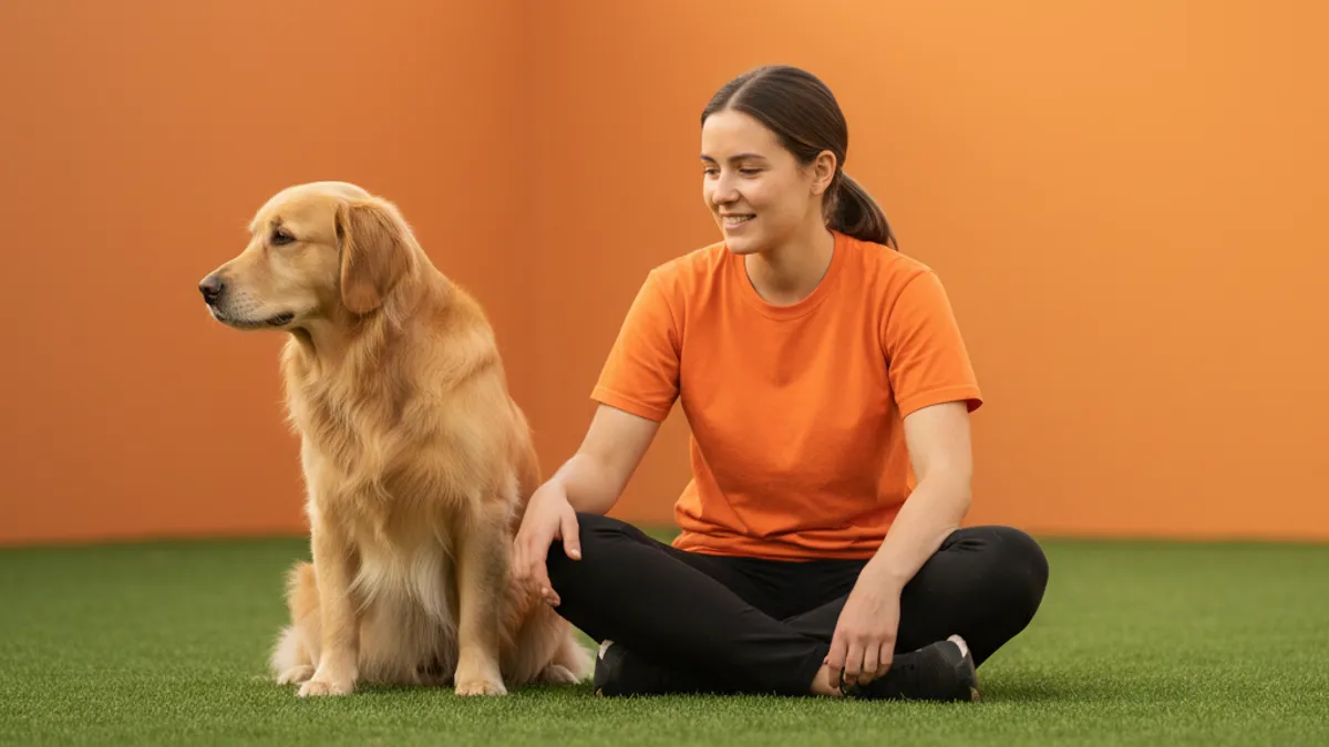 Cachorro com orelhas baixas observando o ambiente ao lado de uma cuidadora calma