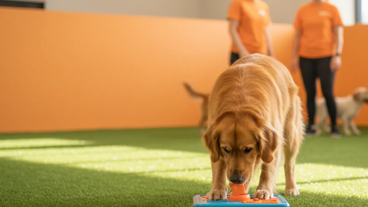 Cachorro concentrado tentando tirar petisco de um brinquedo quebra-cabeça