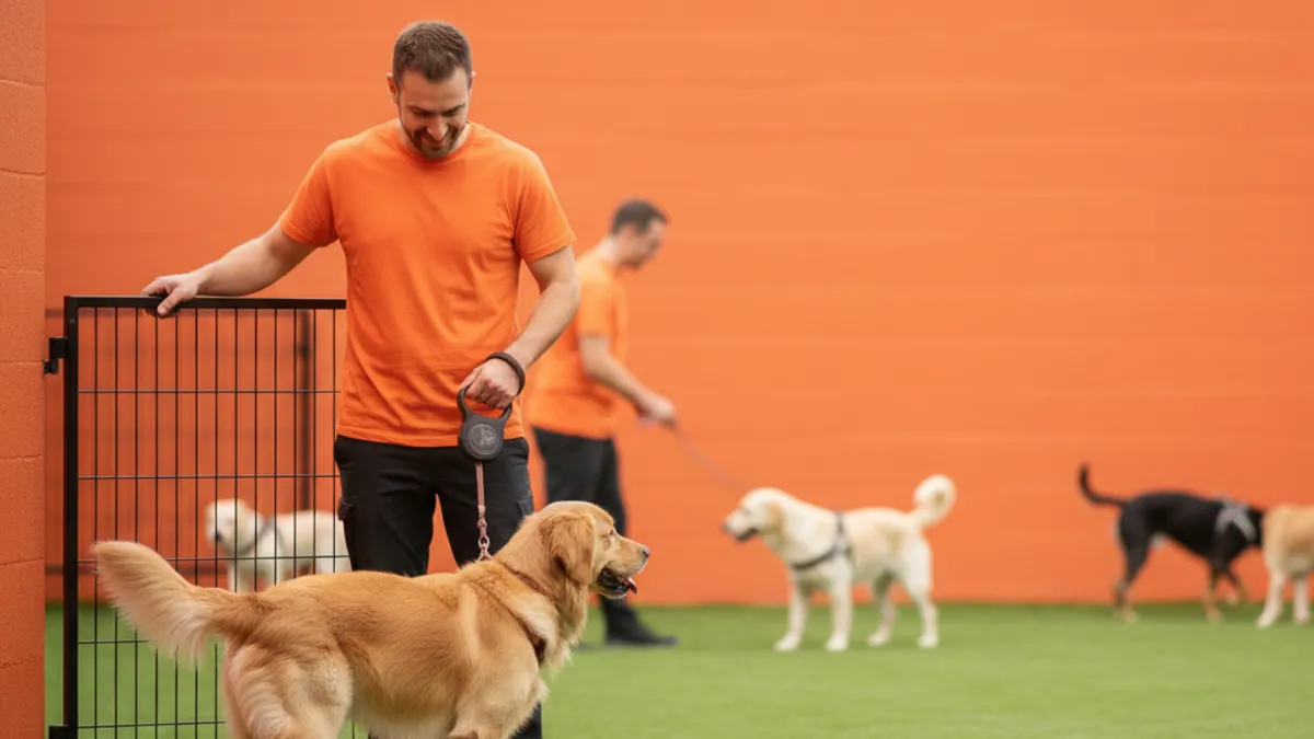 Tutor segurando a guia de um cachorro na entrada de uma creche bem cuidada