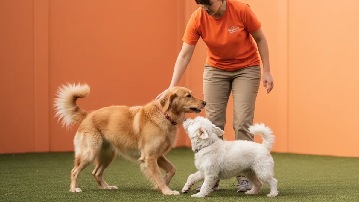 Cuidadora interrompendo calmamente uma brincadeira mais intensa entre dois cães