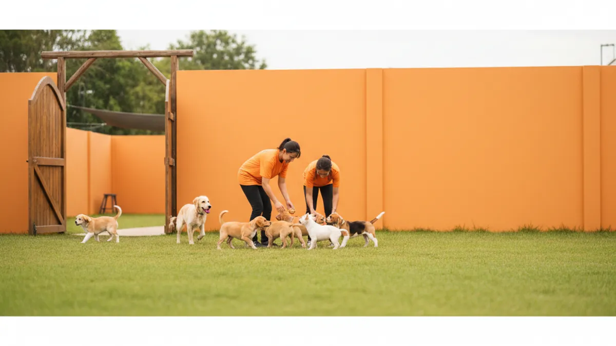 Fachada acolhedora de creche para cães com cachorros brincando no gramado ao fundo