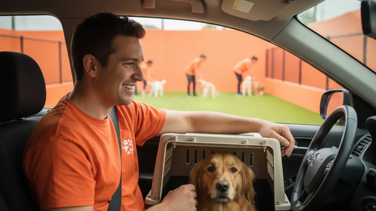 Tutor dirigindo com cachorro em caixa de transporte no banco traseiro