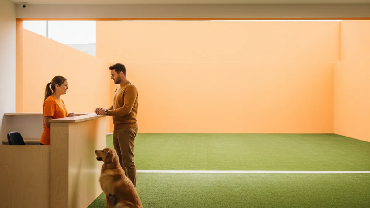 Tutor conversando com cuidadora na recepção de uma creche para cães, cachorro sentado ao lado