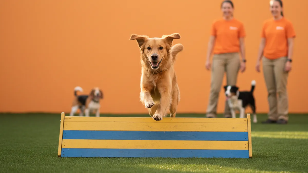 Cachorro saltando um pequeno obstáculo em circuito de agility