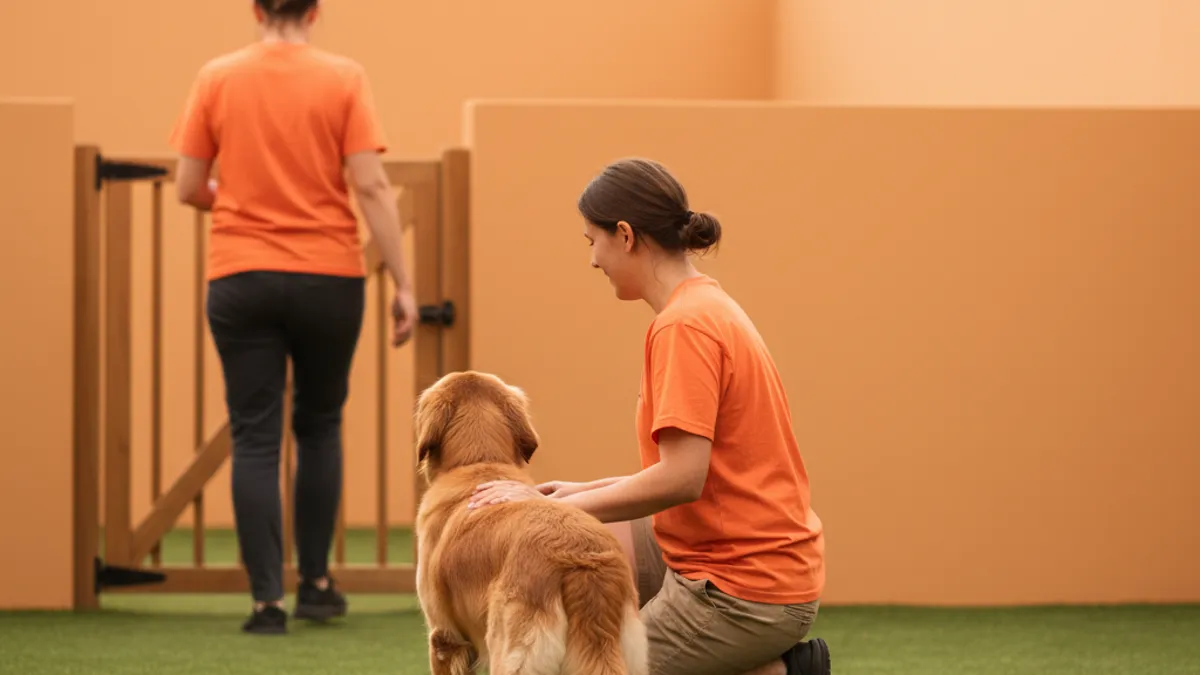 Cachorro olhando para o portão enquanto o tutor se afasta, cuidadora ao lado
