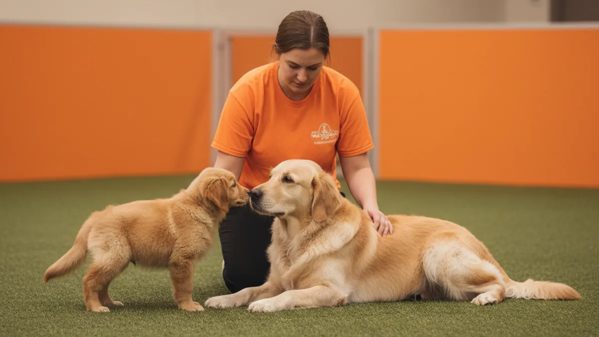 Filhote conhecendo um cão adulto calmo com supervisão