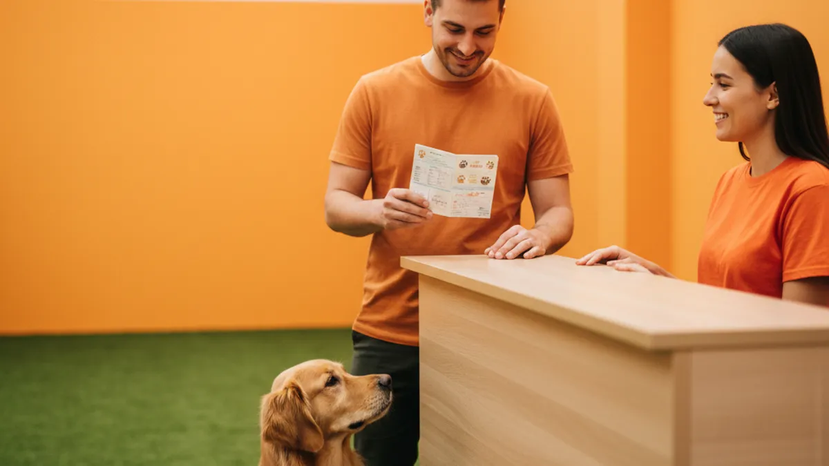 Tutor mostrando a carteira de vacinação do cachorro na recepção de um hotel para cães