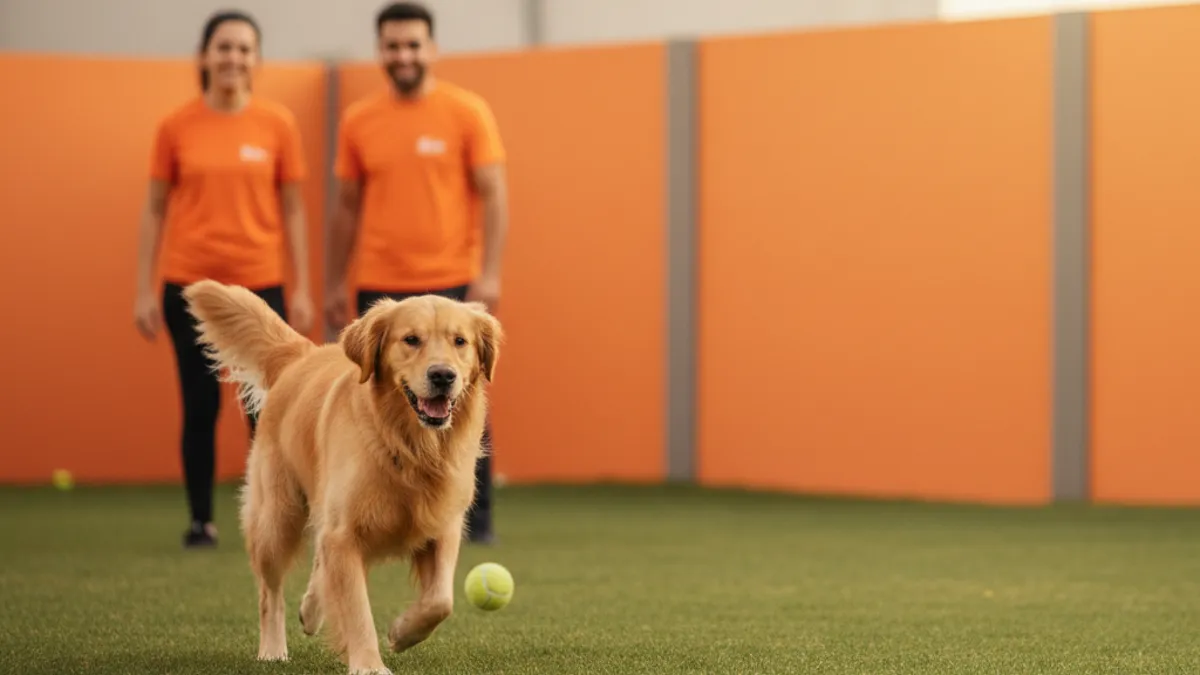 Cachorro correndo atrás de uma bola em um parque ensolarado