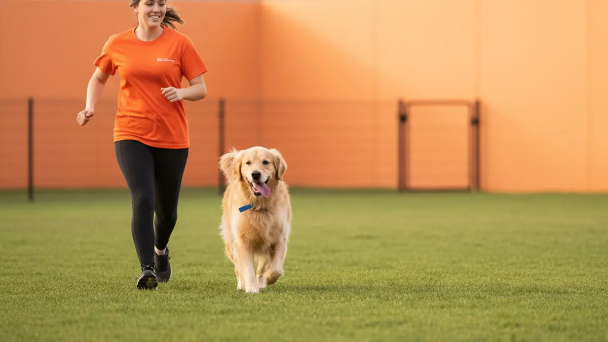 Tutora correndo com cachorro em parque pela manhã