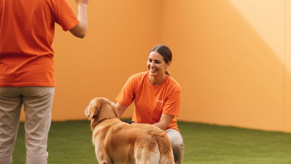 Cachorro sendo deixado pela manhã em um day care, com tutor acenando