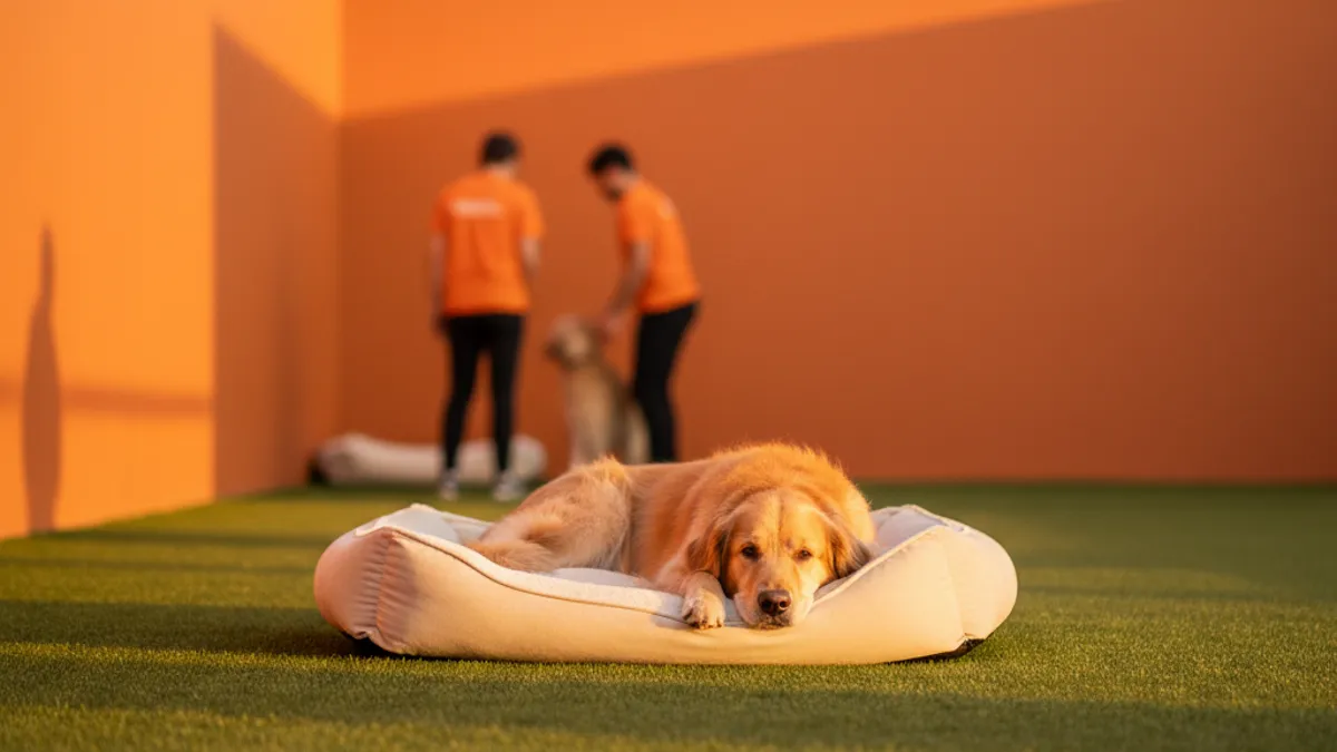 Cachorro tranquilo deitado em uma área aconchegante de hotel para cães ao entardecer