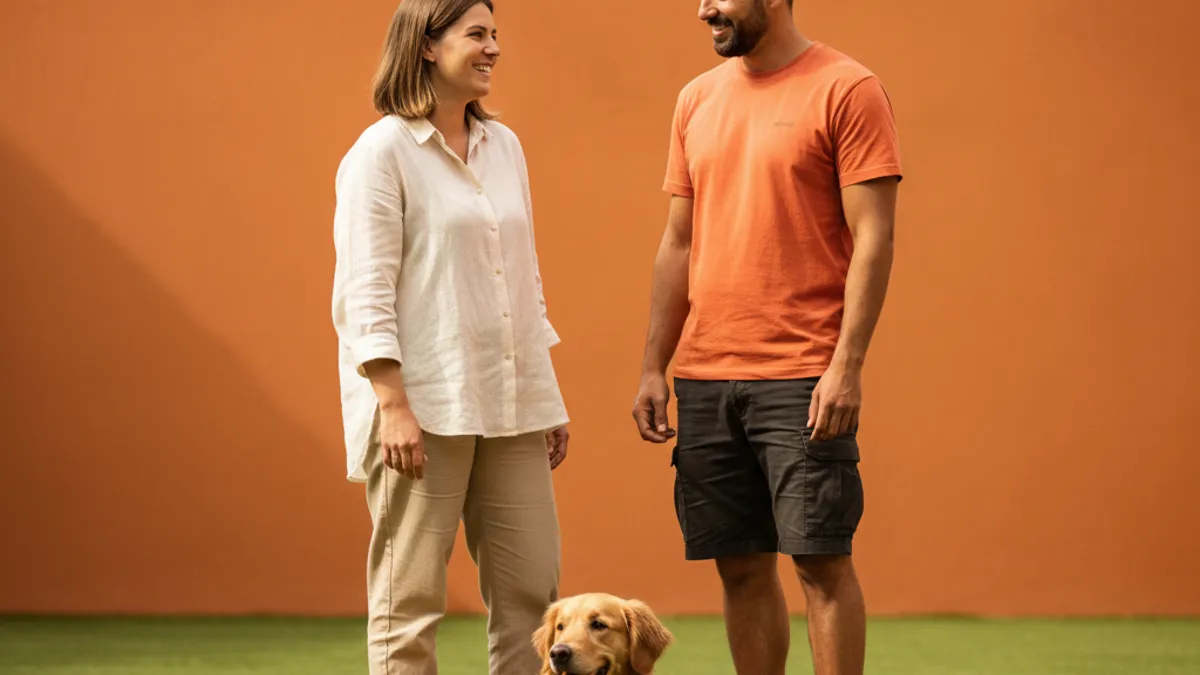Tutora conversando com responsável de hotel para cães, com cachorro deitado ao lado