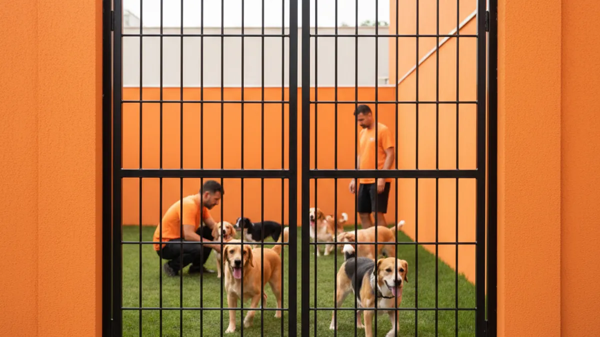 Portão duplo de segurança na entrada de uma creche para cães