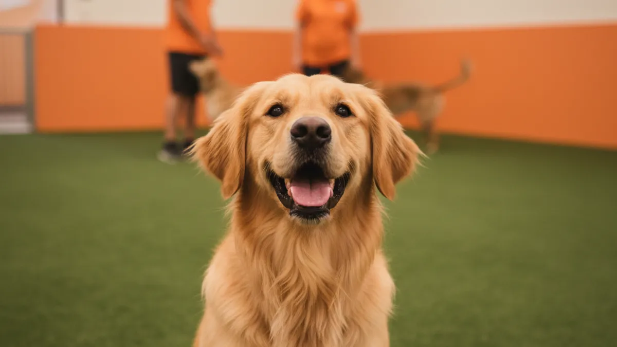 Cachorro sorridente com a boca relaxada e orelhas soltas em um parque