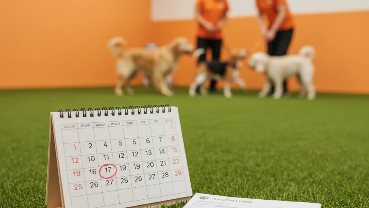 Calendário com data de vacina marcada e carteira de vacinação de cachorro
