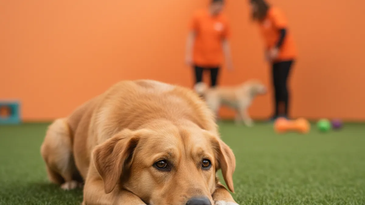 Cachorro deitado no chão com o queixo apoiado nas patas e olhar desanimado