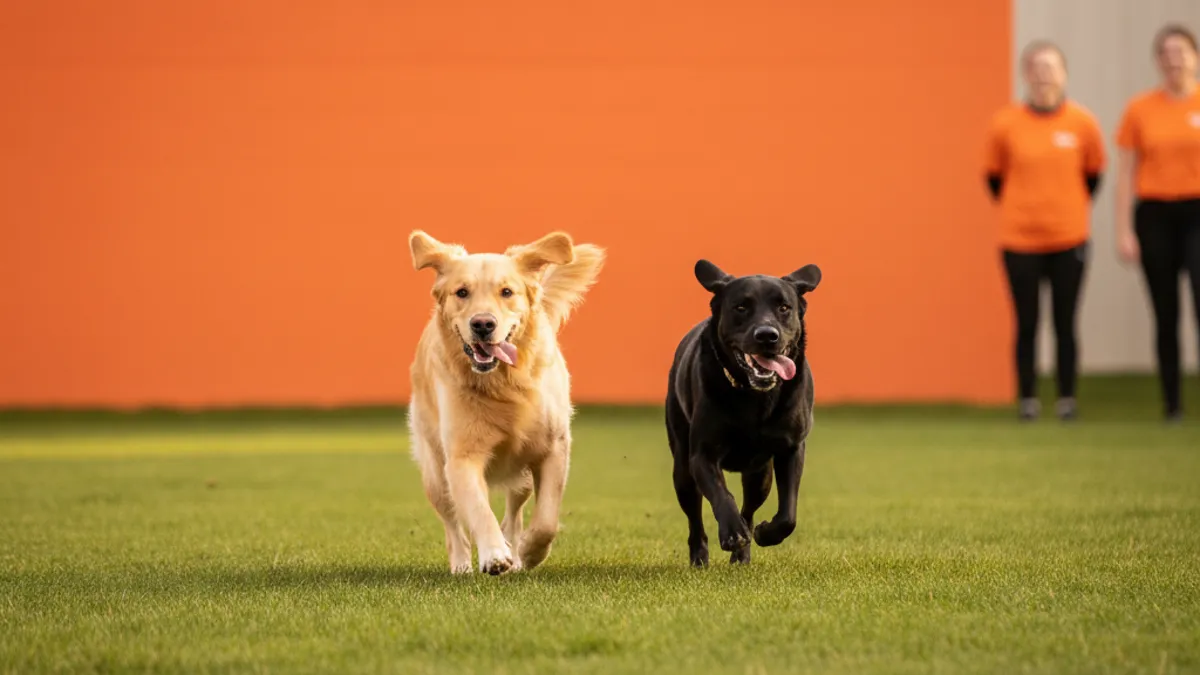 Dois cães correndo lado a lado em um campo, com expressões alegres