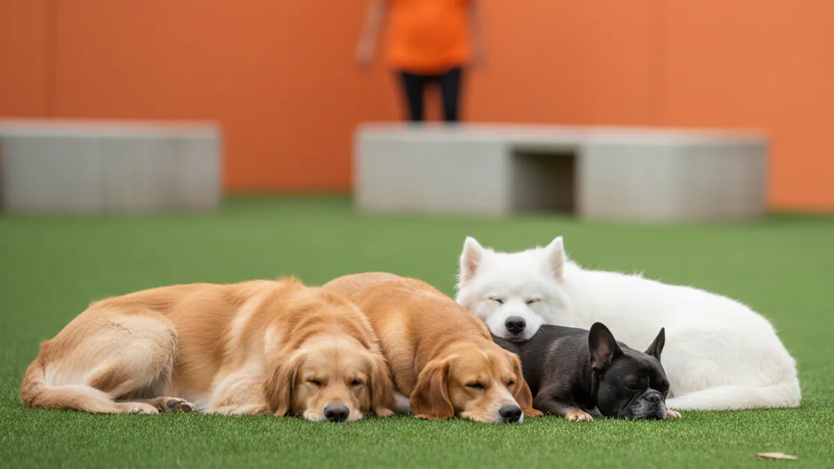 Grupo pequeno de cães descansando juntos em um gramado